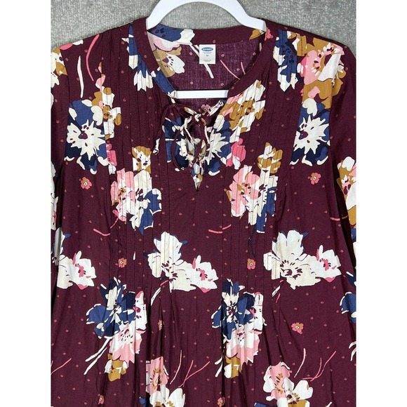 Old Navy‎ Lace Up Neckline Pintuck Dress Women Medium Burgundy Floral Rayon - Picture 6 of 12